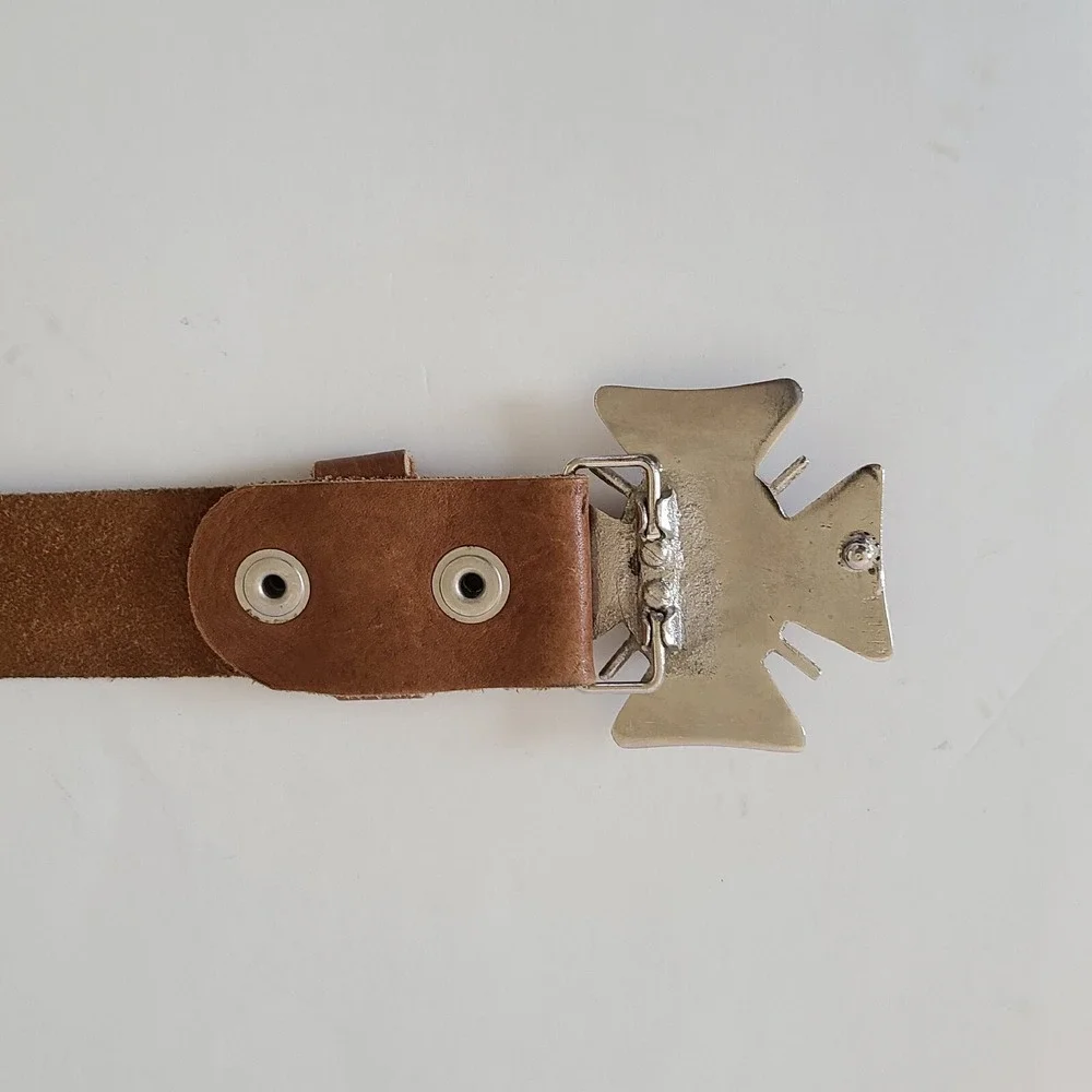 LEATHER BELT Brown, Studded & Carnelian Like Maltese Cross Buckle Fits 30